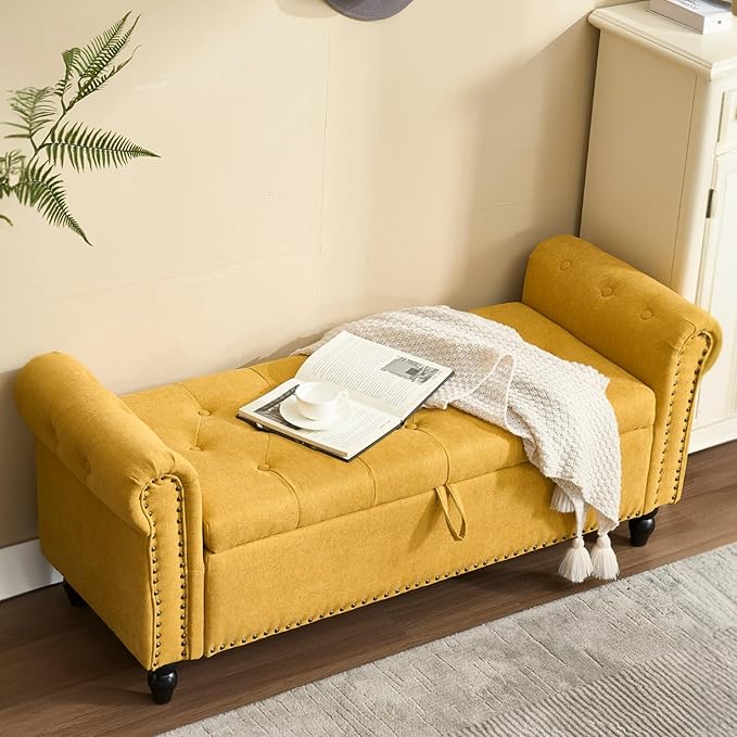 Furniliving 55” End of Bed Bench, Bedroom Bench with Button-Tufted, Large Upholstered Storage Ottoman Benches Window Bench with Storage Shoe Cabinet Bench, for Bedroom, Living Room, Linen, Yellow-Ruum Studio Home