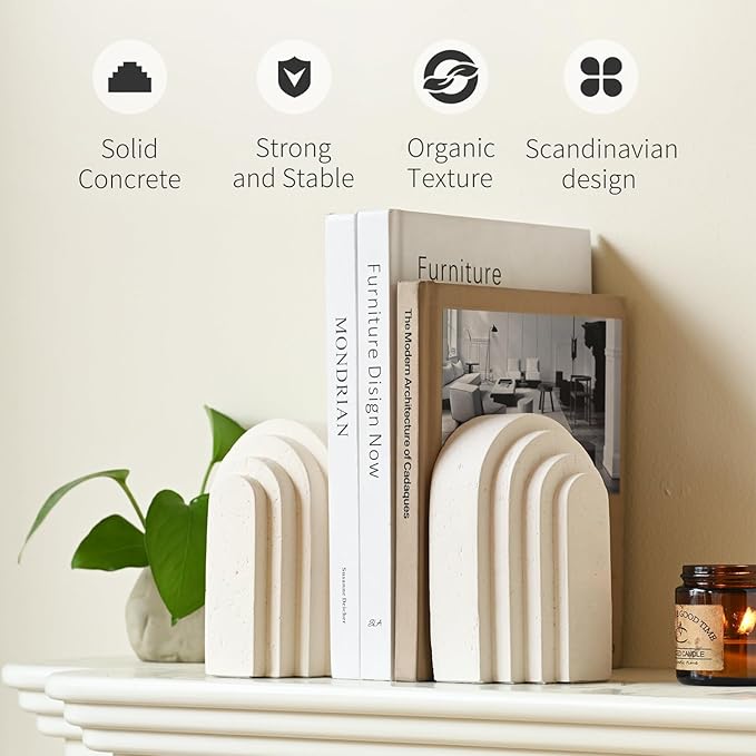 Decorative Bookends for Shelves, Set of 2 Book Ends for Heavy Books, Layered Arch Design Beige Bookend-Ruum Studio Home