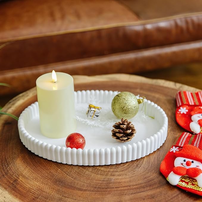 11.8in Decorative Tray for Coffee Table Decor- Modern Oval Concrete Tray for Home Decor- Minimalist Handcrafted Centerpieces Tray for Living Room, Kitchen Dining Table, Entryway (White)-Ruum Studio Home