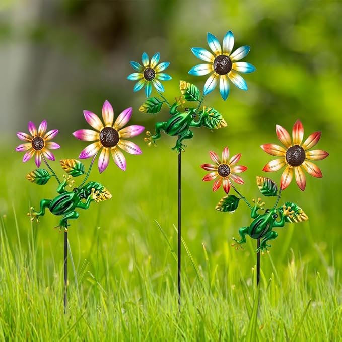 3 Pack Frog＆Flowers Garden Stakes Decor,Metal Yard Art Decorative Garden Stakes,Metal Flowers Spring Outdoor Decor for Mom,Women,Grandma-Ruum Studio Home