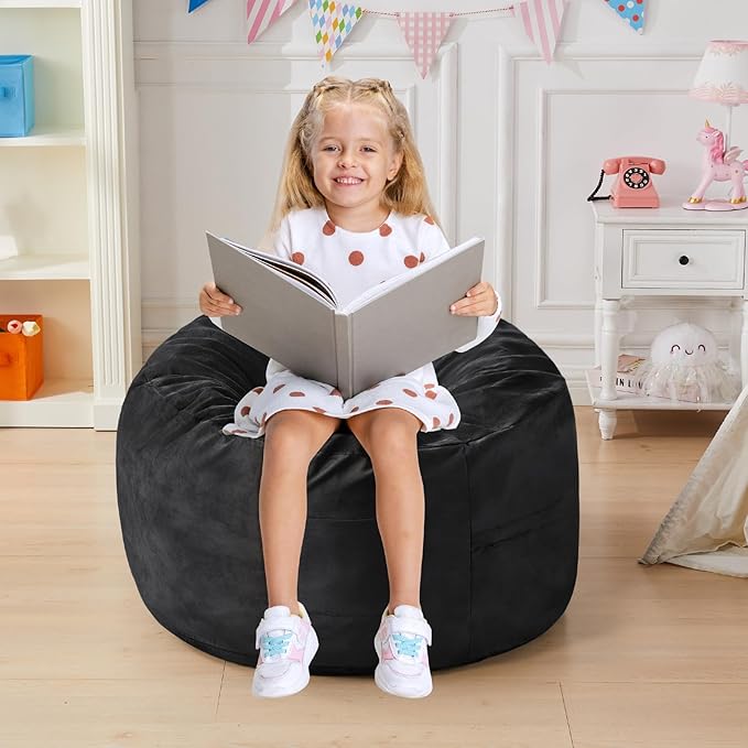 Bean Bag Chairs for Kids - Memory Foam Furniture BeanBag Chair - Kids/Teens Sofa with Soft Micro Fiber Cover - Round Fluffy Couch for Living Room Bedroom College Dorm - 2.5 ft, Carbon Black-Ruum Studio Home