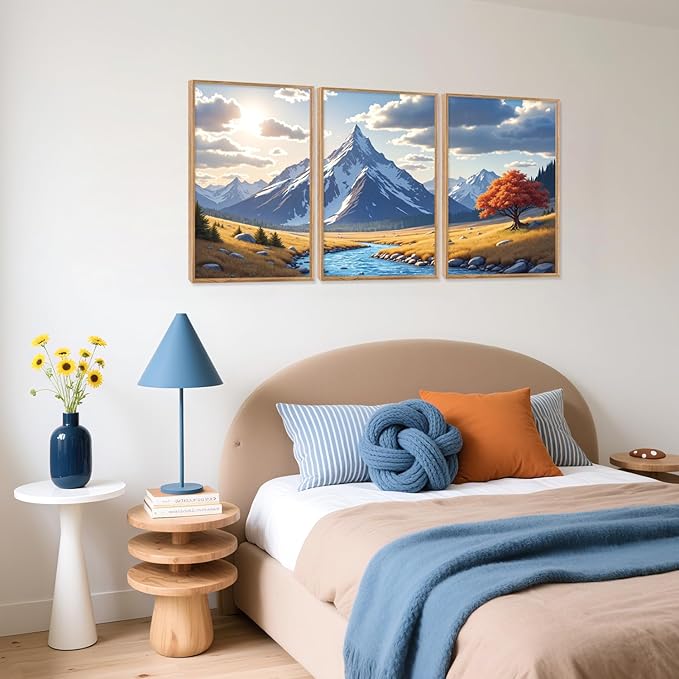 HPNIUB Landscape Mountain Wall Art Set, Rustic River Sunrise Pine Tree Forest Nature Scenry Wilderness Art Print, Farmhouse Grassland Modern Sky Decorative for Living Room, Bedroom, Office-16 x24 x3-Ruum Studio Home