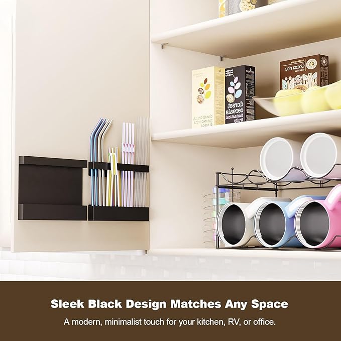 Magnetic & Adhesive Straw Organizer – Carbon Steel Utensil Holder for Reusable Straws, Chopsticks & Stirrers – Wall or Fridge Mount, Space-Saving Black Storage Rack-Ruum Studio Home