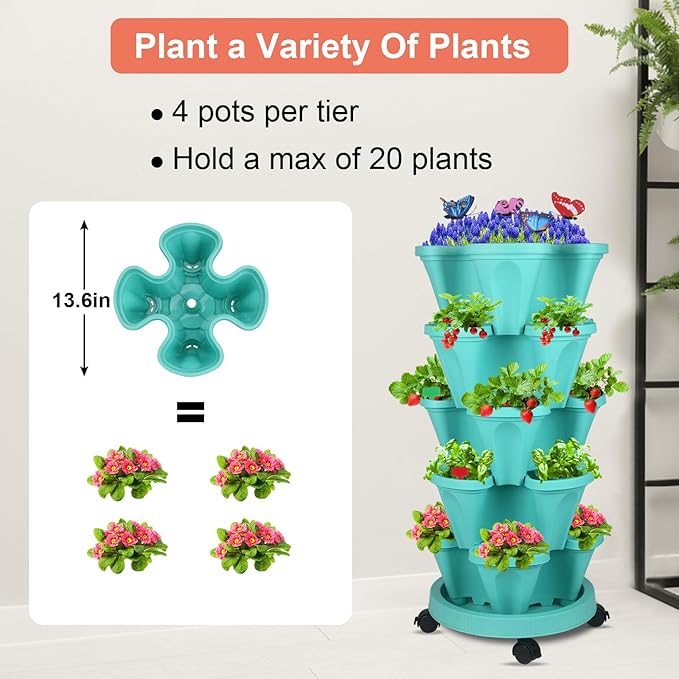 Vertical Planter, 5 Tier Stackable Strawberry Planter with Garden Tool Set, Movable Indoor/Outdoor Garden Herb Pot for Growing Vegetables and Succulents, Teal-Ruum Studio Home