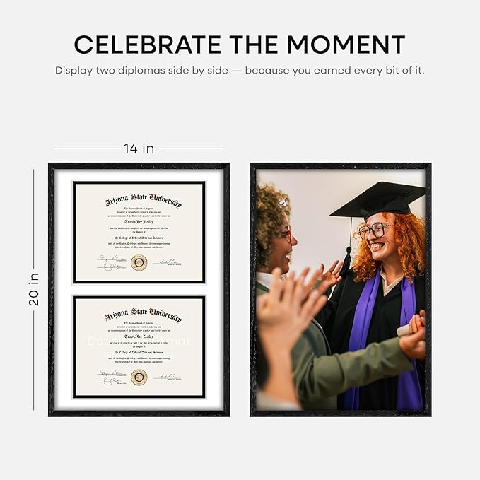 Homeforia 14x20 Double Diploma Frame, High End Oak 14 x 20 Black Wood Certificate Frames with Mat for Two 8.5x11 Diplomas, 20x14 Wooden Dual Award Graduation Frames, Tempered Glass, Wall Kit, Set of 1-Ruum Studio Home