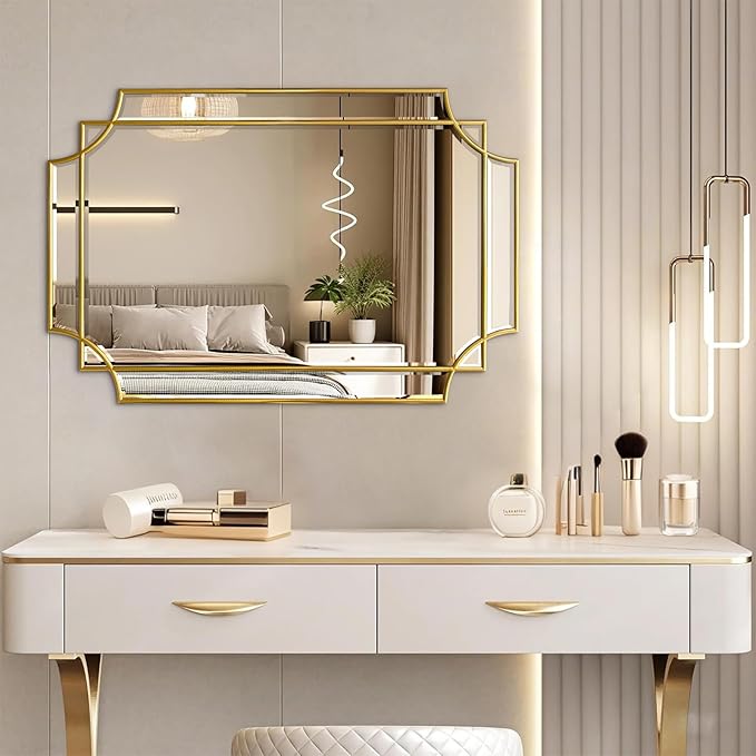 30x20 Inch Gold Bathroom Mirror, Wooden Frame with Scalloped Polished Beveled Glass, Modern Art Wall Decor for Vanity, Irregular Rectangle Mirror for Bedroom, Living Room, Fireplace & Entryway-Ruum Studio Home