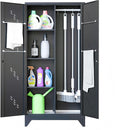 71" Broom Closet Cabinet with Hanging Rod, Tall Black Metal Storage Cabinet for Bathroom, Utility Room, and Garage-Ruum Studio Home