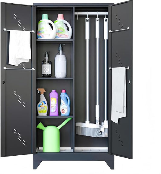 71" Broom Closet Cabinet with Hanging Rod, Tall Black Metal Storage Cabinet for Bathroom, Utility Room, and Garage-Ruum Studio Home