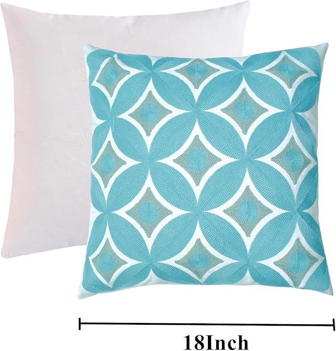 Embroidered Decorative Throw Pillow Cover, 18"x18" Set of 2, Farmhouse Pillowcase Blue Knit Pattern Cotton Canvas Cushion Case Square Floral Pillow Case for Sofa Couch Bed Living Room-Ruum Studio Home