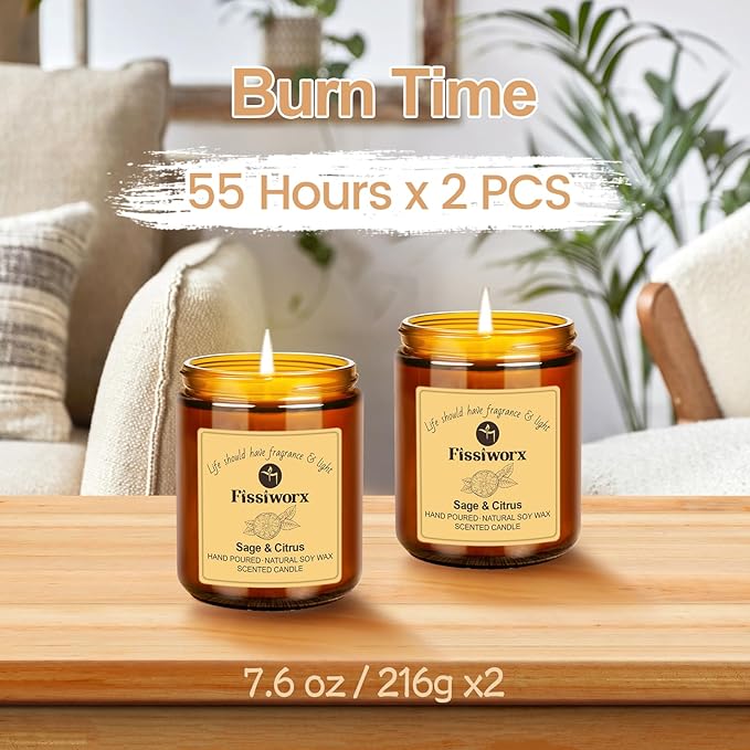 Sage & Citrus Scented Candle Set 2 Pack – Natural Soy Wax Hand-Poured – 60 Hour Long Lasting Burn – Relax and Relieve Stress – Premium Aromatherapy Candle for Home Decor, Gifts-Ruum Studio Home