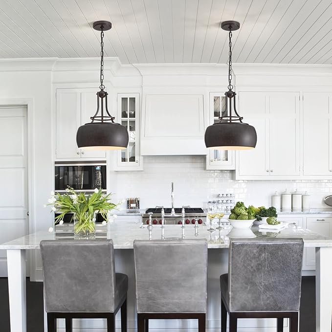 WUZUPS Chandelier Rustic Farmhouse Industrial Round Ceiling Pendant LED Light Fixture with Open Bottom Drum Shade, H 15.7" x W 13.4", Distressed Rust-Ruum Studio Home