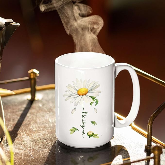 Lovely Daisy Flower Ceramic Mug, Customized Name On Floral Coffee Cup, Personalized Floral Accent Mug 11oz 15oz, Custom Daisy Lover Cup, Gift For Friend And Coworker, Novelty Daisy Mug-Ruum Studio Home