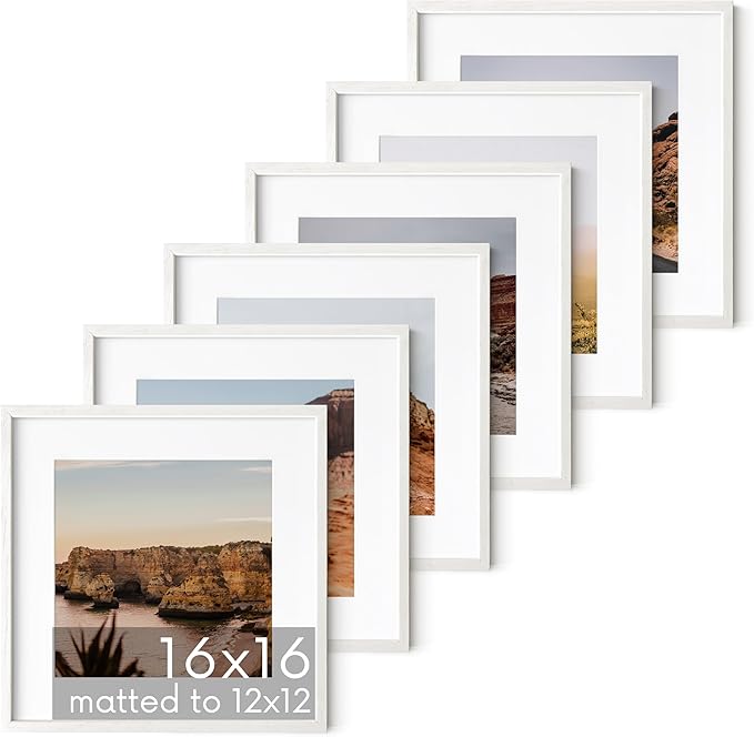HAUS AND HUES Solid Oak Wood 16”x16” Picture Frames Matted to 12”x12” Set of 6 - White Picture Frames 16x16, Square Frames 16x16, White Square Picture Frames, 16x16 Gallery Wall Frame Set-Ruum Studio Home