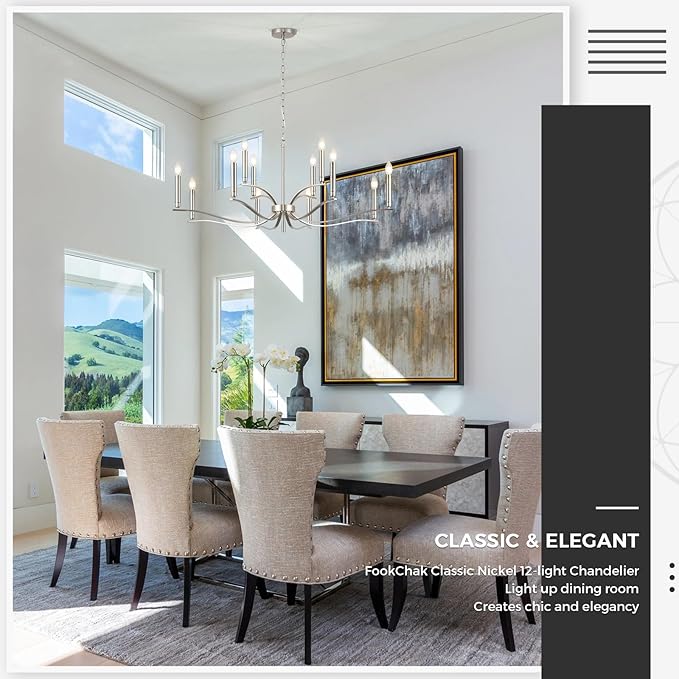 12 Light Nickel Living Room Chandelier High Ceiling Foyer Candle Chandelier Large Modern 44in Metal Chandeliers Hanging Light for Master Bedroom Dining Room Light Fixture Over Table-Ruum Studio Home