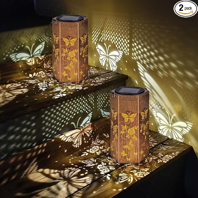 2 Pack Butterfly Solar Lanterns Outdoor Waterproof - Birthday Gifts for Women, Mom, Butterflies Solar Lights Outdoor Hanging Garden Decor for Outside, Patio, Outdoor, Yard, Lawn, Balcony-Ruum Studio Home