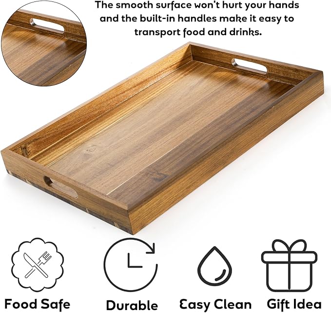 YOUEON 2 Pack Large Acacia Wood Serving Tray with Handles, 17x12 Inch Decorative Wood Trays for Serving Food, Party, Rectangle Ottoman Tray, Coffee Table Trays for Bed, Living Room, Kitchen-Ruum Studio Home