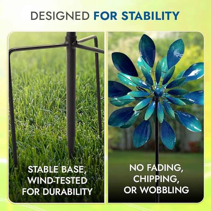 Large Wind Spinners - Decorative Garden Whirligigs - Durable Metal Flower Art - Ideal for Yard Decor and Gifts - Outdoor Accessories - Designed for Patios & Landscapes Blue 24"W x 84"H-Ruum Studio Home