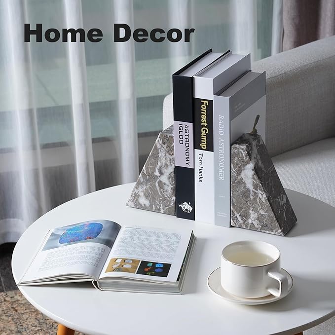 Marble Bookends for Heavy Books, Decorative Bookends for Shelves, Durable and Heavy-Duty Book End for Hardback Book & CDS, Unique Book Stopper & Holder, Gris Lido, Set of 2-Ruum Studio Home
