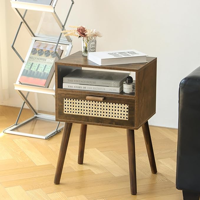 MaxSmeo Mid Century Nightstand, Rattan Side Table with Drawer, Wood Modern Bedside Table for Bedroom, Living Room and Small Spaces (Rustic Brown)-Ruum Studio Home