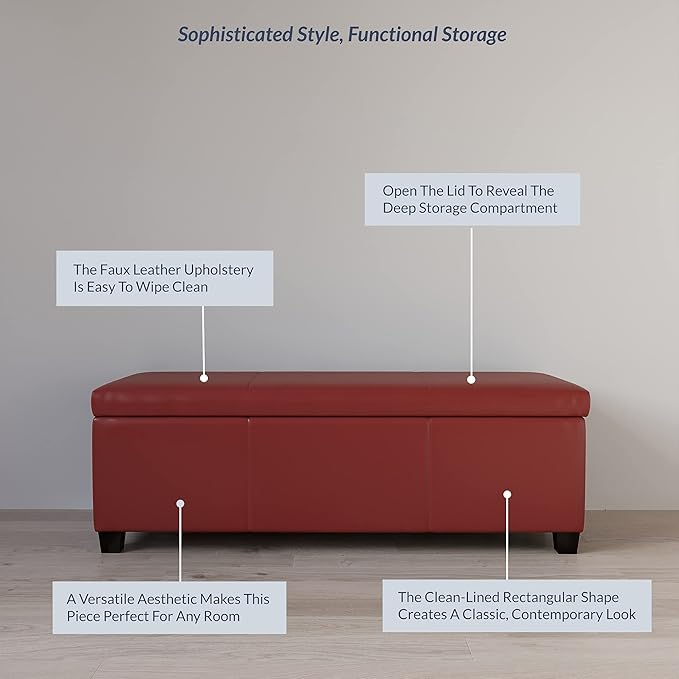 BELLEZE Storage Faux Leather Ottoman, 47 Inch Bench Bedroom Bench with Safety Close Hinge, Extra Long Ottoman with Storage for Living Room, Entryway, Hallway, Foot Rest, Support 300lbs - Red-Ruum Studio Home