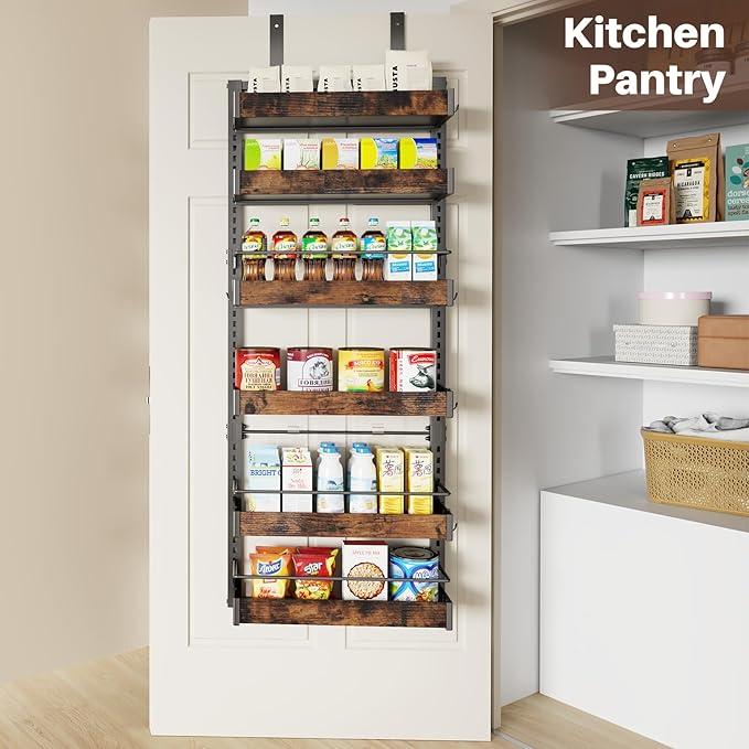 6 Tier Over The Door Pantry Organizer, 2 IN 1 Wall Mount or Metal Hanging Spice Rack for Pantry Organizers and Storage, Seasoning Shelves，Adjustable Basket with Hooks for Kitchen, Bathroom,Laundry-Ruum Studio Home