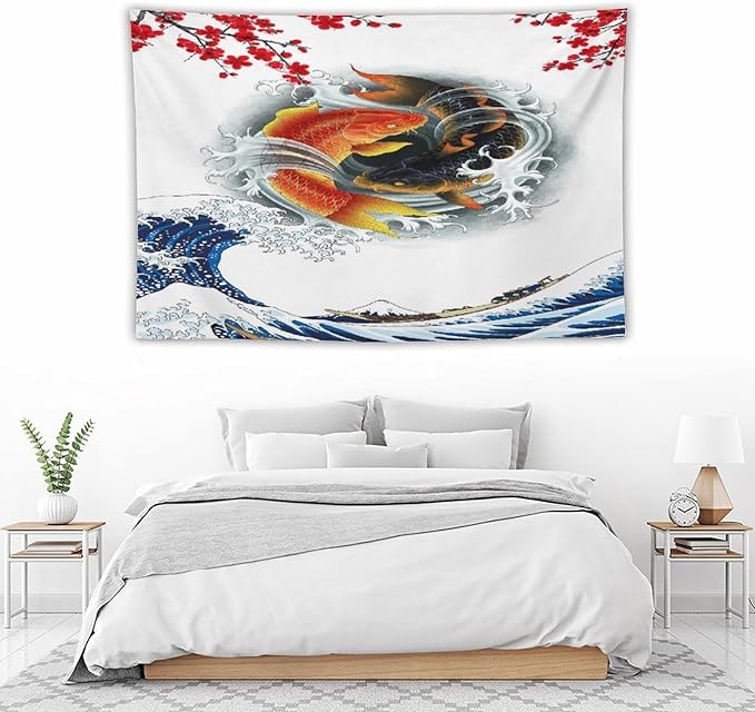 Houselerax Koi Fish Tapestry, Japanese Style Yin Yang Big Wave Cherry Blossoms Tapestries Wall Hanging for Bedroom Living Room Office Decor 90"x60"-Ruum Studio Home