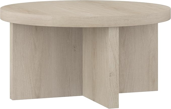 Henn&Hart 33" Round Wood Pedestal Low-Profile Coffee Table for Living Room, Family Room, Office or Apartment, Alder White-Ruum Studio Home