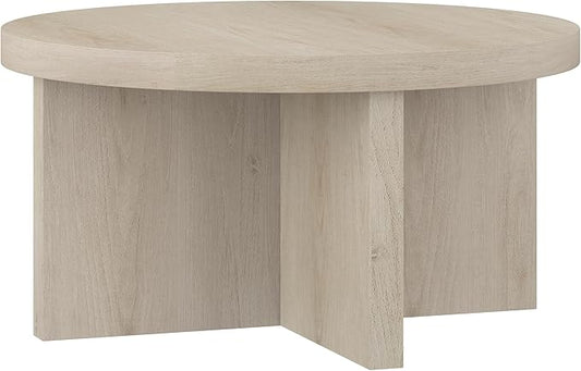 Henn&Hart 33" Round Wood Pedestal Low-Profile Coffee Table for Living Room, Family Room, Office or Apartment, Alder White-Ruum Studio Home