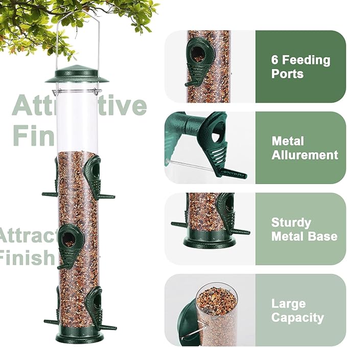 MIXXIDEA 1PK Metal Bird Feeders with 6 Feeding Ports,Tube Bird Feeder with Steel Hanger,Hard Plastic Wild Bird Feeder for Outdoors Hanging, Attracting Birds in Your Lawn, Garden, Balcony–Green-Ruum Studio Home