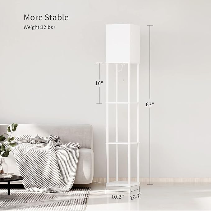 SUNMORY Shelf Floor Lamp with 3-Way Dimmable LED Bulb, Modern Square Standing Lamp with Shelves and White Shade, Corner Display Bookshelf Lamp for Living Room and Bedroom(White)-Ruum Studio Home