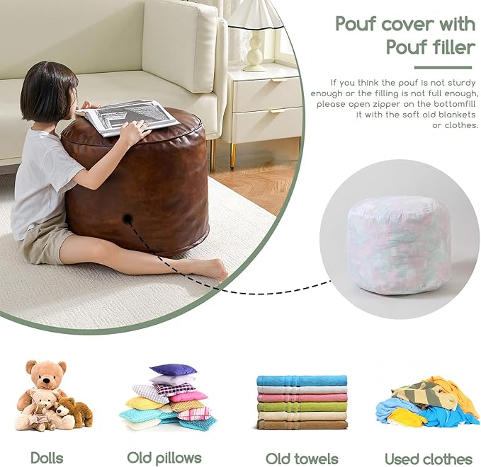 HIGOGOGO Round Stuffed Pouf Ottoman, Pu Leather Poufs with Foam Chunk Filling, Furry and Fluffy Pouf Foot Stool Storage Ottoman, 26 X 18 Floor Poufs Foot Rest for Living Room,Dark Brown-Ruum Studio Home