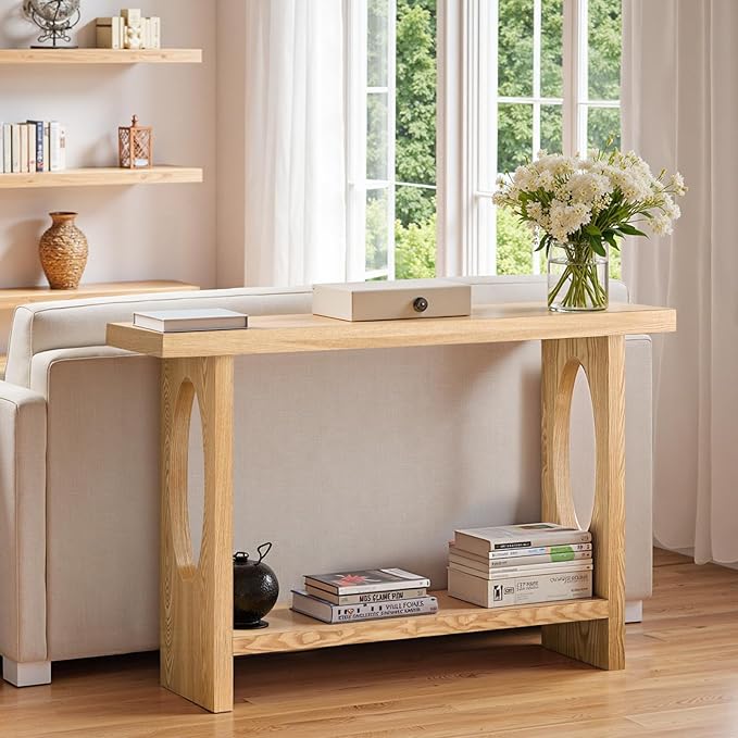 BECHAEO 47-Inch Farmhouse Narrow Console Table, 2'' Thickened Entryway Table with Solid Wood Veneer, 2-Tier Sofa Tables Behind Couch, Rectangle Hallway Tables for Living Room, Foyer Rustic Oak-Ruum Studio Home