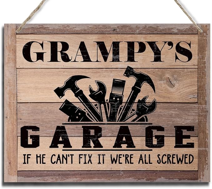 Rustic Sign, Father's Day Gift, Dad's Gift, Grandpa's Gift, Decor Hanging Wood Signs, Printed Wood Wall Art Sign, Grampy's Garage, If He Can't Fix It We're All Screwed, Vintage Sign Gift for Grandpa-Ruum Studio Home