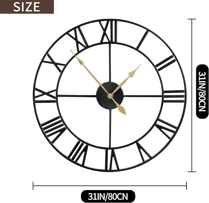 LEIKE 80CM Extra Large Wall Clock - 31" Oversize Modern Black Metal Roman Numeral Nearly Silent Little Ticking Battery Operated Wall Clocks for Living Room, Kitchen,Bedroom Farmhouse Home Decor-Ruum Studio Home