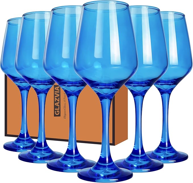Blue Wine Glasses Set of 6-14oz Blue Long Stem Wine Glass, Pretty Crystal Glassware, Hand Blown Goblets Drinkware, Unique Stemware Wine Glass Holiday Gift Set-Ruum Studio Home