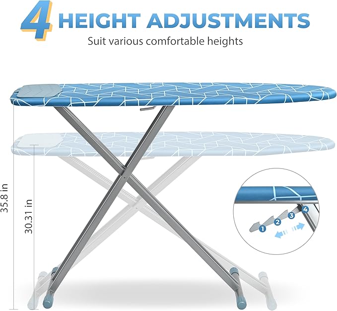 APEXCHASER Ironing Board with Silicon Iron Rest, Heavy-Duty Legs and Heat Resistant Cover, 13x53 inch, Blue-Ruum Studio Home