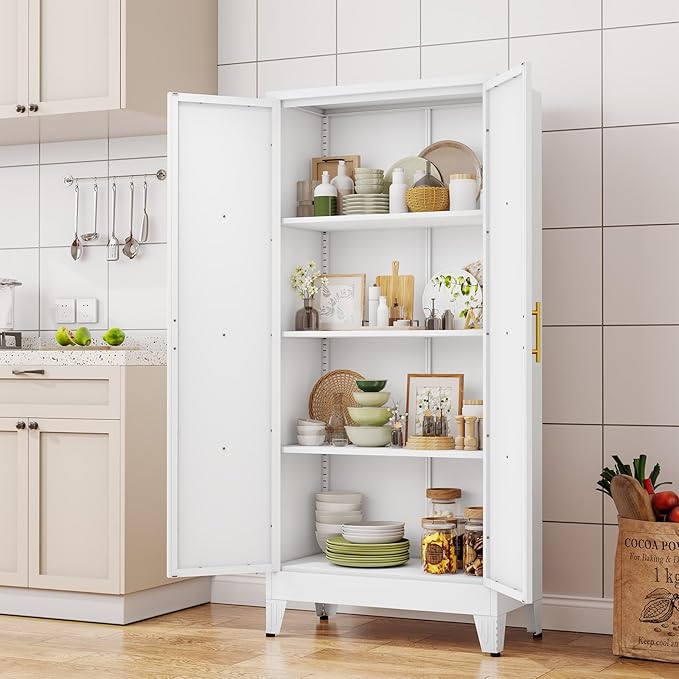 61" H Metal Kitchen Pantry Storage Cabinet, Freestanding Cupboard with 2 Doors and 3 Adjustable Shelves, Standing Storage for Kitchen, Bathroom, Garage, Dinning Room or Utility Room（White）-Ruum Studio Home
