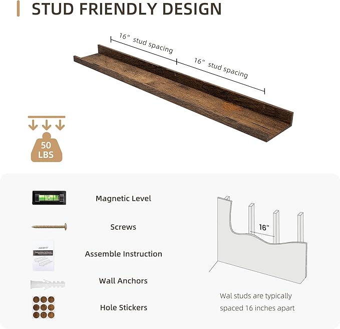 Picture Ledge Shelf, Wood Floating Shelves Set of 2, 36 inch Picture Ledge Shelves, Photo Ledge Nursery Book Shelves Wall Mounted for Living Room Kids' Room Bedroom, Color Brown-Ruum Studio Home