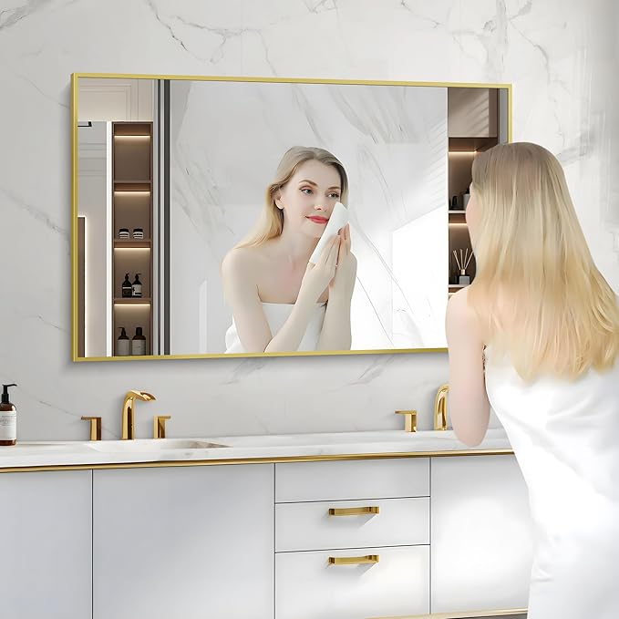 Gold Bathroom Mirror for Wall, 30x48 Inch Rectangle Mirrors with Metal Frame, Modern Vanity Wall Mirror Decor for Bathroom Living Room, Entryway Hangs Horizontal or Vertical-Ruum Studio Home