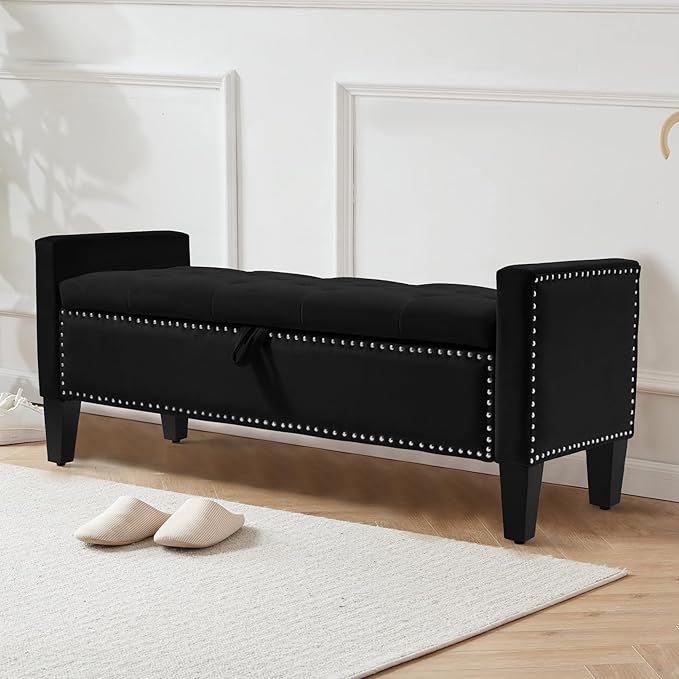 Storage Ottoman Bench, Velvet Upholstered Footstool for Bedroom and Living Room, Tufted Seat with Storage, Wooden Legs & Metal Rivets, Black-Ruum Studio Home