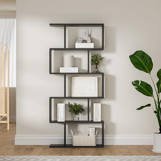 Black 5-Tier Geometric Bookcase, S-Shaped Modern Bookshelf Set of 2, 62.6" Tall Room Divider Book Shelf, Decorative Display Shelf-Ruum Studio Home