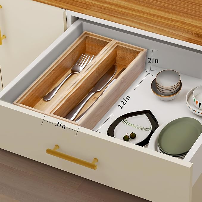 Bamboo Drawer Organizer, 2PCS Stackable Storage Boxes for Utensil Organizer, Wood Tray for kitchen, Bathroom and Bedroom 12" x 3" x 2"-Ruum Studio Home