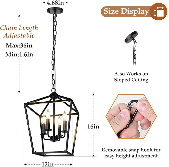Farmhouse Chandelier 4-Light, Black Pendant Light Fixture for Kitchen Island Dining Room, Lantern Industrial Lighting Ceiling Hanging with Metal Cage Adjustable Height for Entryway Foyer-Ruum Studio Home
