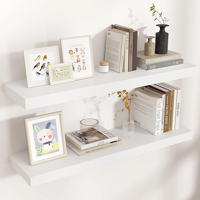 Floating Shelves for Wall, 2 Large Wall Mounted Shelves with Invisible Brackets, Long Wood Floating Wall Shelf Shelves for Living Room, Bedroom, Kitchen, (White, 36" W x 9" D x 1.5" H)-Ruum Studio Home