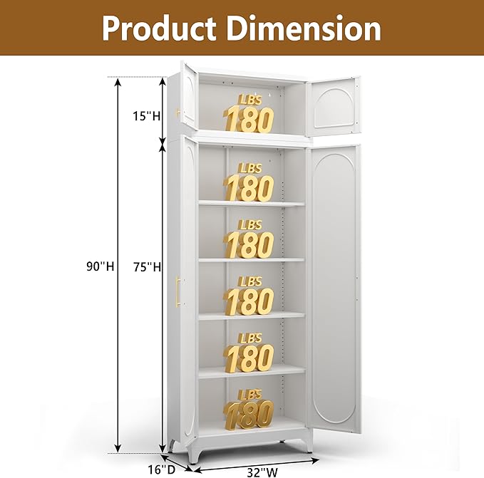 Kitchen Pantry Cabinet, 90" Tall Metal Pantry Cabinet, Food Cupboards with Doors and Shelves, Freestanding Storage Cabinets for Dining, Living Room, 16"D x 32"W x 90"H, White, Assembly Required-Ruum Studio Home