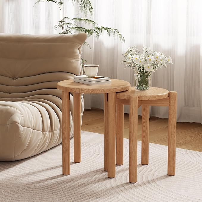 Stackable Stools Set of 4,4-in-1 Wood Stool,Round Wooden Stools with Anti-Slip Foot Pads for Kitchen,Bedroom,Living Room,Bar,No Assembly Required Durable and Space-Saving Design,18 inch (Natural)-Ruum Studio Home
