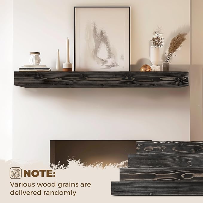 56x8x5 Fireplace Mantel - Handcrafted Hollow Rustic Solid Wood Wall Mounted Floating Shelf with Invisible Heavy Duty Wood Bracket (Weathered Black)-Ruum Studio Home