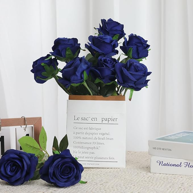 Blue Fake Roses Artificial Flowers - 16 Pcs Fake Artificial Roses Silk Flowers with Stems for Home Wedding Hotel Office Centerpiece Decor（Navy Blue）-Ruum Studio Home