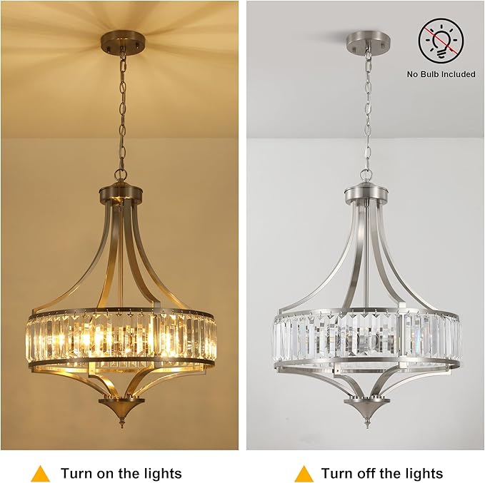 20" Brushed Nickel Chandeliers for Dining Room, 5-Light Modern Crystal Chandelier for Entryway, Hanging Round Light Fixture for Kitchen Island Living Room Bedroom Office Bathroom Staircase-Ruum Studio Home