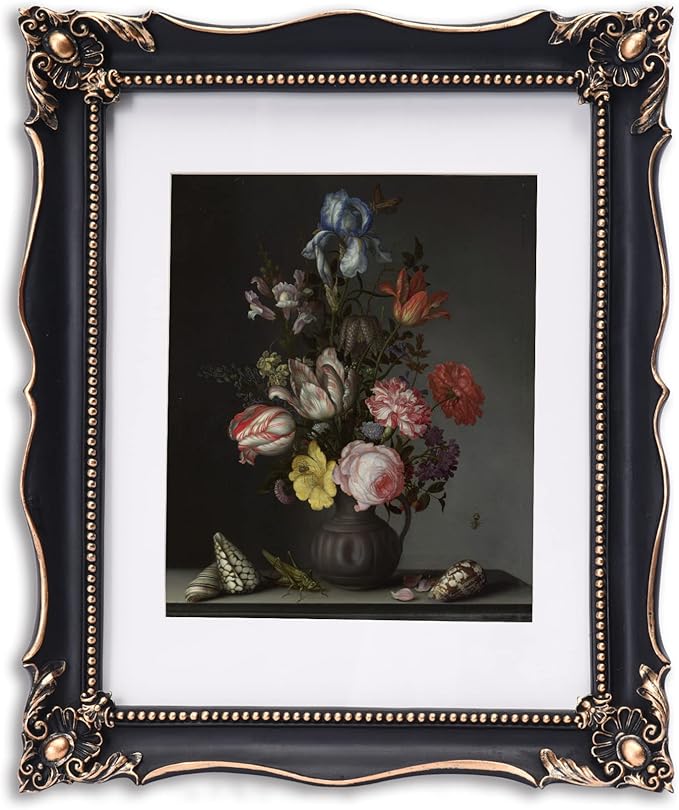 11x14 Vintage Picture Frame with Embossed Flower Design, Black Ornate Frame for 11x14 or 8x10 Pictures with White Mat, Home Decor (Black, 8x10)-Ruum Studio Home